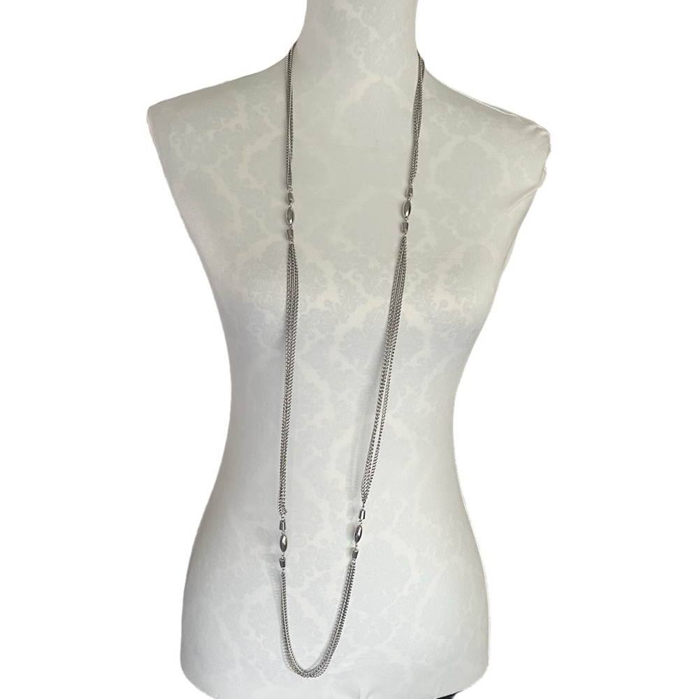 Elegant Vintage Silver Tone Long Layered Chain Necklace with Oval Accents